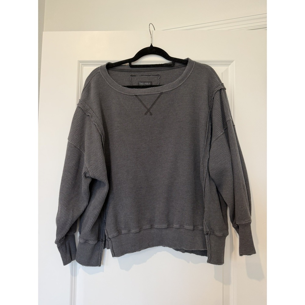 American Eagle Outfitters Waffle Knit Crewneck Sweatshirt - Charcoal Gray XS